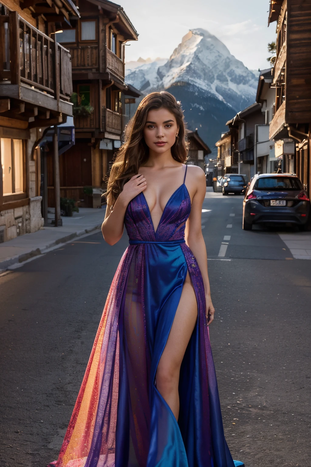 beautiful alpine girl, a fashion model, Wearing colorful evening gown, Charismatic, captivating posture,paparazzi taking pictures of her, 8K, high high quality, tmasterpiece, Best quality, k hd, The content is very detailed, Volumetriclighting, realistically