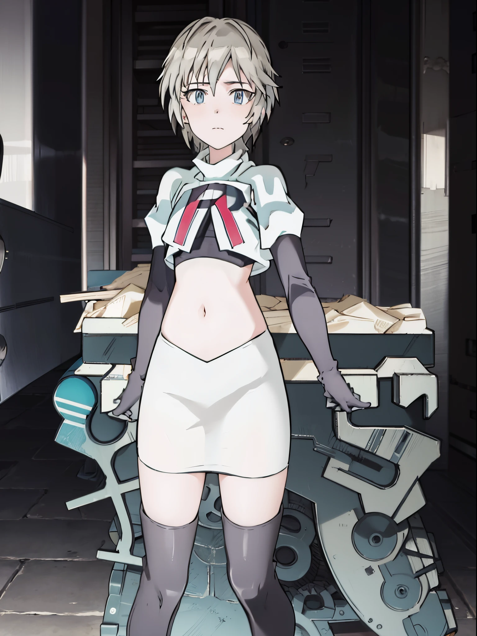 anastasia, team rocket,team rocket uniform, red letter R, white skirt,white crop top,black thigh-highs,black elbow gloves