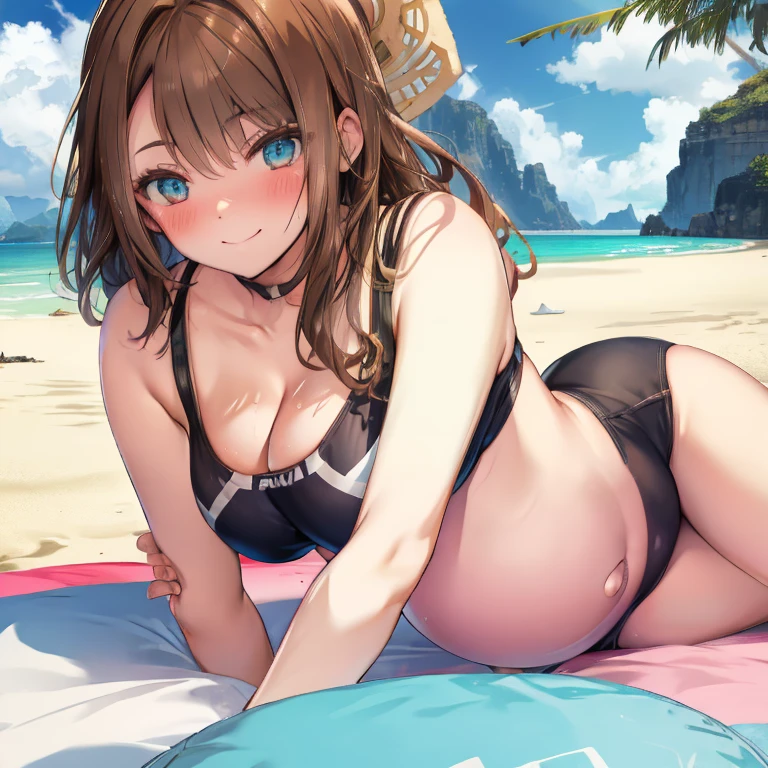 Eunie, pregnant, large breasts, brown hair, looking at viewer, cute, blush, cleavage, lactating, smile, bare tummy, hand on stomach, beach, bikini, lying on back, laying down, resting