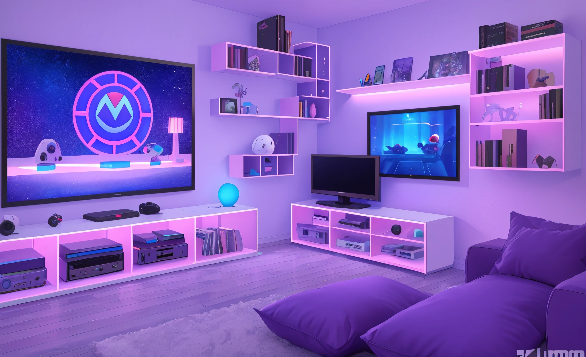 Realistic 3D decor with blue and purple LEDs. A MARIO poster. White shelves. On the shelves, a gaming controller, keyboard and mouse. A sofa in the background. At night. Detailed, 4k. --auto --s2