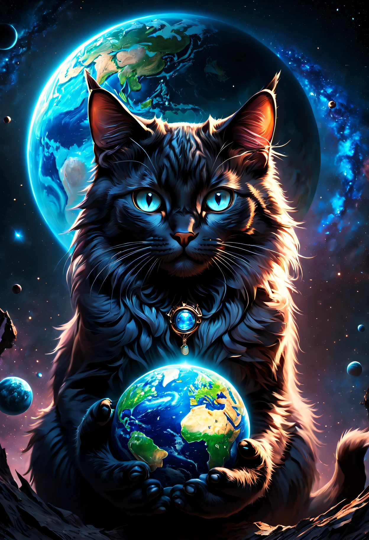 (Arafel cat) holding a (blue) Earth in its claws, (cat planet), (space cat), (cat god of darkness), (cat from the void), (cat in space), devouring a planet, (animal-dominated world), world ruled by cats, with the Earth, (cat deity), clutching the Earth, holding a planet, (laxative), against the backdrop of the Earth. 

(best quality, 4k, 8k, highres, masterpiece:1.2), ultra-detailed, (realistic, photorealistic, photo-realistic:1.37), HDR, (vivid colors), (sharp focus), (physically-based rendering), (ultra-fine painting), (professional), (bokeh), (studio lighting).

(illustration), (oil painting), (3D rendering), (photography), (concept artist), (portraits), (landscape), (sci-fi), (horror), (anime). 

(colorful, vibrant), (dark, moody), (ethereal), (warm, glowing), (soft, pastel), (dreamy).

(intricate, dramatic) lighting, dramatic shadows.
