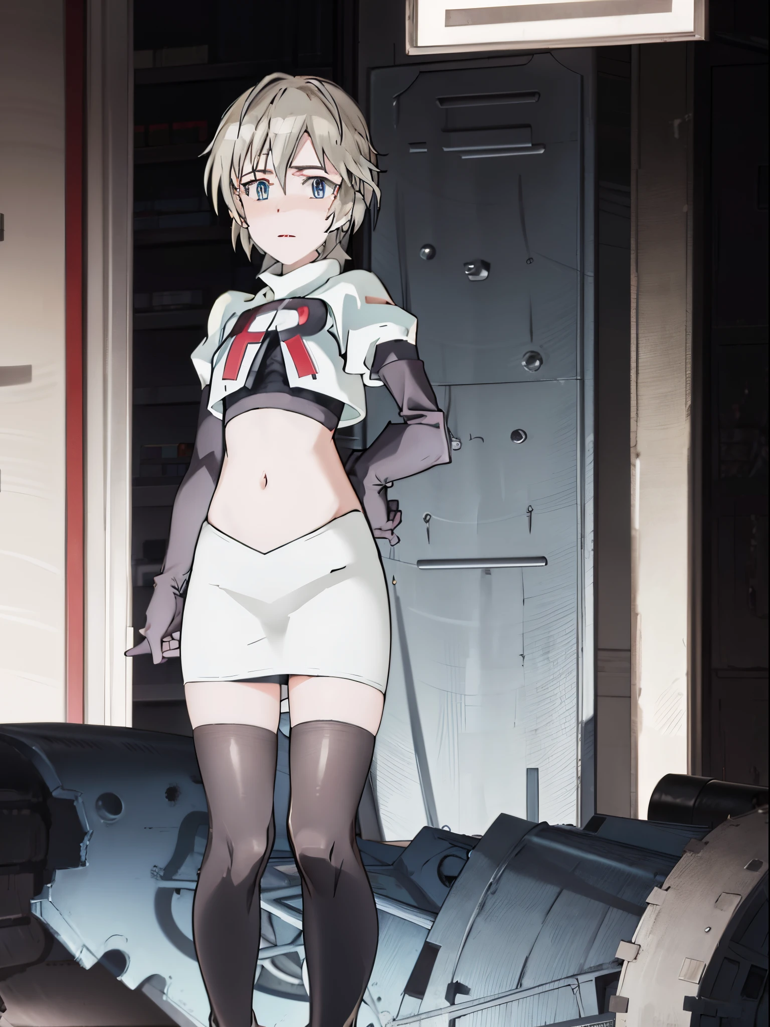 anastasia, team rocket,team rocket uniform, red letter R, white skirt,white crop top,black thigh-highs,black elbow gloves