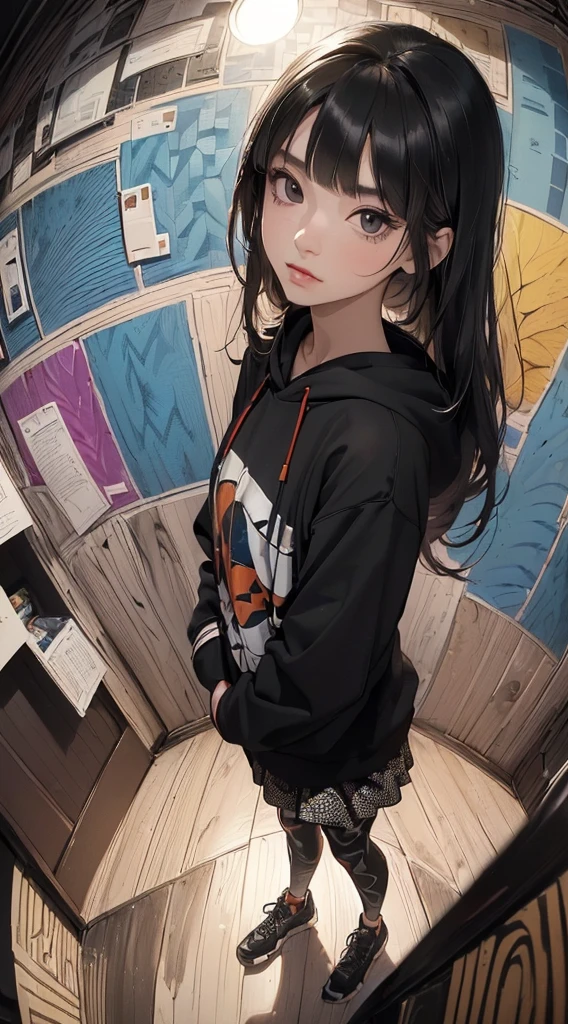 (((8k wallpaper of extremely detailed CG unit:1.2, masterpiece, hight resolution:1.2, top-quality:1.2, masutepiece))), ((a very beautiful woman, Hands in pockets:1.8, Grunge Fashion, wearing hoodies, Black Leggings, Wearing shoes)), ((extra detailed face, very beautiful face, Highly detailed black eyes, extra detailed body, Top quality real texture skins)), (A dark-haired, length hair, de pele branca, Small), ((colorful geometric pattern wall, Colorful wall)), (high-angle, Fisheye:1.3), hyper realisitic, digitial painting,