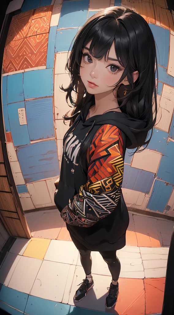 (((8k wallpaper of extremely detailed CG unit:1.2, masterpiece, hight resolution:1.2, top-quality:1.2, masutepiece))), ((a very beautiful woman, Hands in pockets:1.8, Grunge Fashion, wearing hoodies, Black Leggings, Wearing shoes)), ((extra detailed face, very beautiful face, Highly detailed black eyes, extra detailed body, Top quality real texture skins)), (A dark-haired, length hair, de pele branca, Small), ((colorful geometric pattern wall, Colorful wall)), (high-angle, Fisheye:1.3), hyper realisitic, digitial painting,