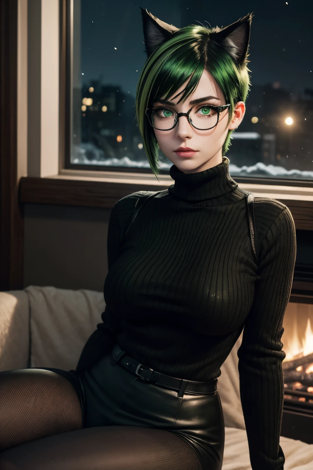 1 goth miqo'te woman, cat ears with green tips, (black and green short wolf cut hair with green highlights), freckles, pale skin, black cat tail, (glasses), green eyes, green lipstick, thick thighs, very shallow DOF, (film grain), (masterpiece), (detailed face:1.2), night photography, dim lighting, realistic, (eyes detail), beautiful, clear image, (best quality:1), extremely detailed face, looking at viewer, foreshortening, nighttime, sitting by fireplace, blizzard outside window, holding cup of hot cocoa, wearing a black Aran turtleneck sweater, black leggings, hard nipples poking under clothing