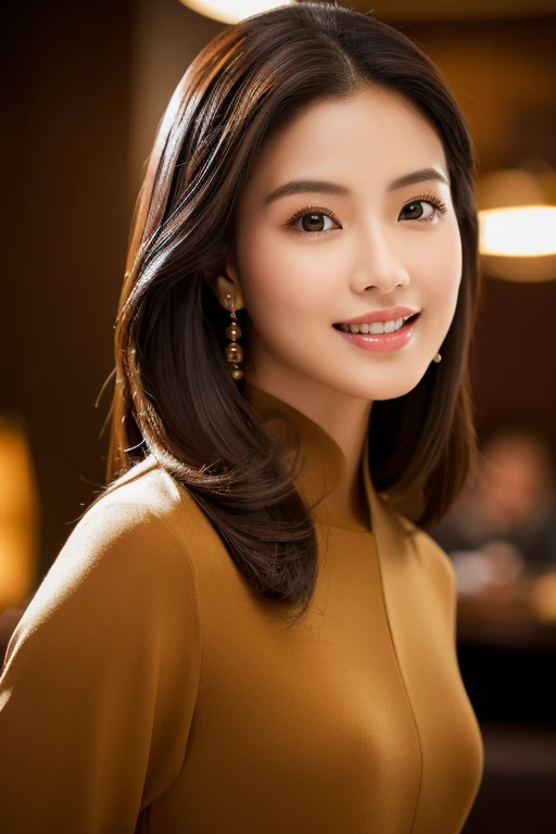 (best quality,highres,ultra-detailed,realistic:1.2,studio lighting),portrait,Elegant and beautiful Asian woman with glossy brown and black hair dancing gracefully in the wind. She radiates confidence with her sophisticated style and captivating expression. In the background, please depict a simple and warm ambiance of a corporate lounge.