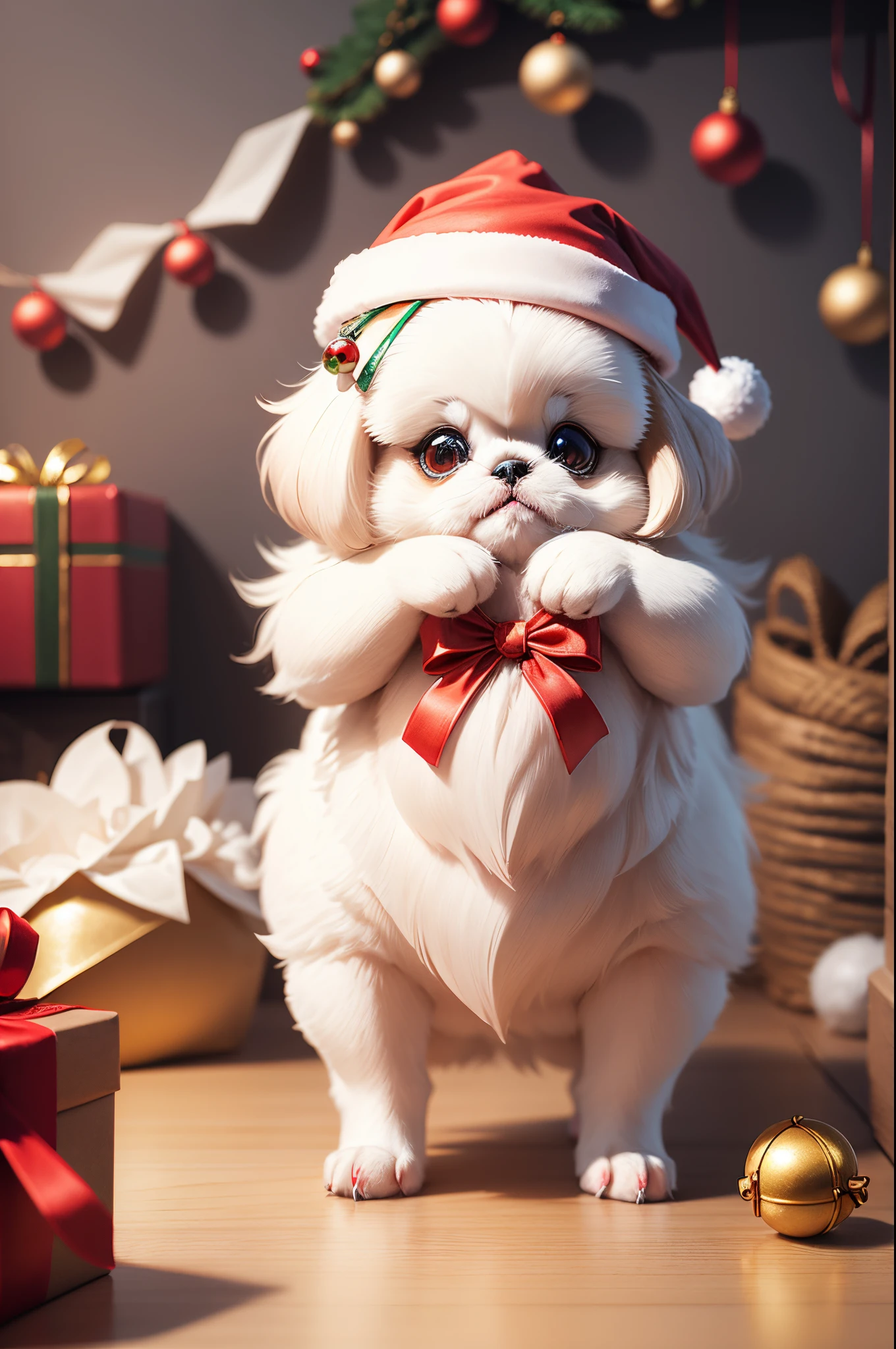 3D vector art、Colorful cute white pekingese dog、dog is wearing a christmas hat、dog has a bell'Collar、 cute christmas present, dog is fluffy、Ultra-realistic high quality, Cute and quirky, Fantasy Art, Watercolor effect、 hugging a dog