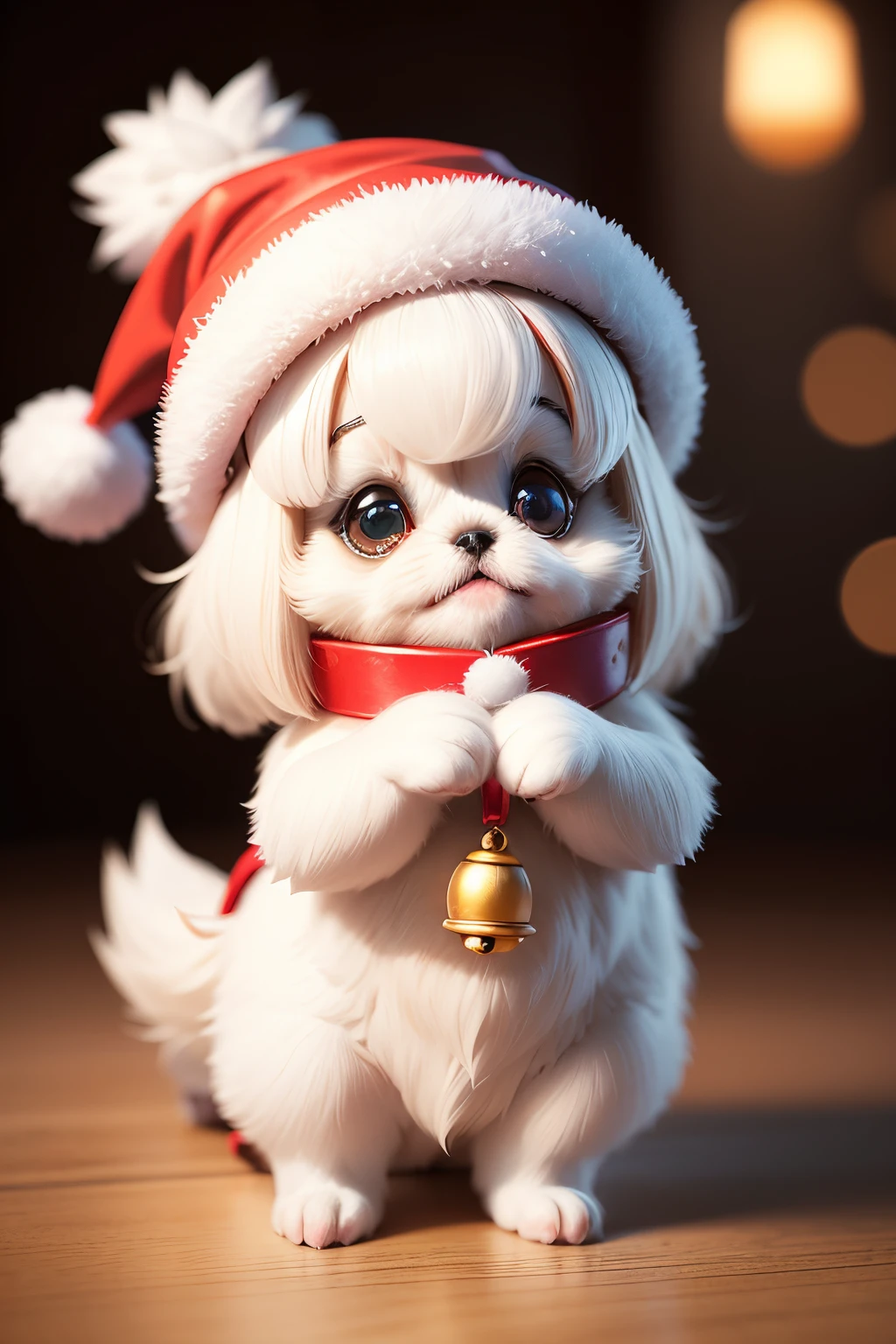 3D vector art、Colorful cute white pekingese dog、dog is wearing a christmas hat、dog has a bell'Collar、 cute christmas present, dog is fluffy、Ultra-realistic high quality, Cute and quirky, Fantasy Art, Watercolor effect、 girl hugging a dog