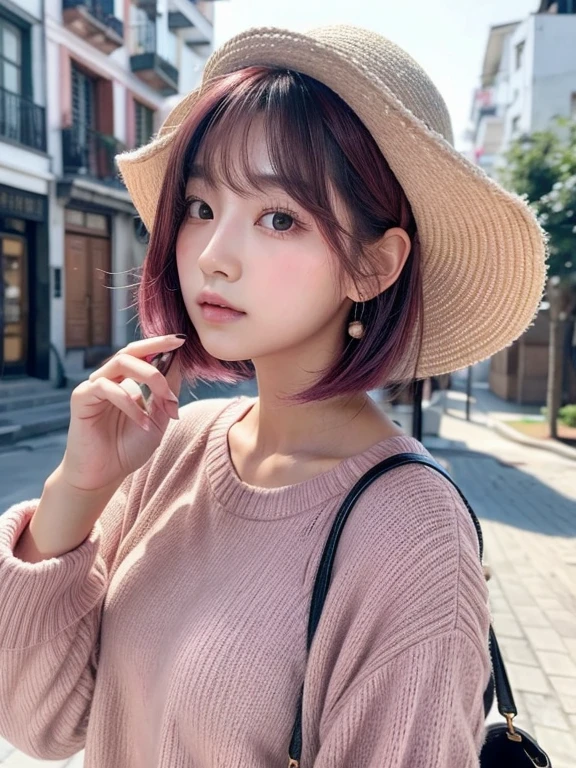 Koreana joven de pelo rosa con un saco con capucha de color rosa y su cabello es rosa y corto muestra los senos