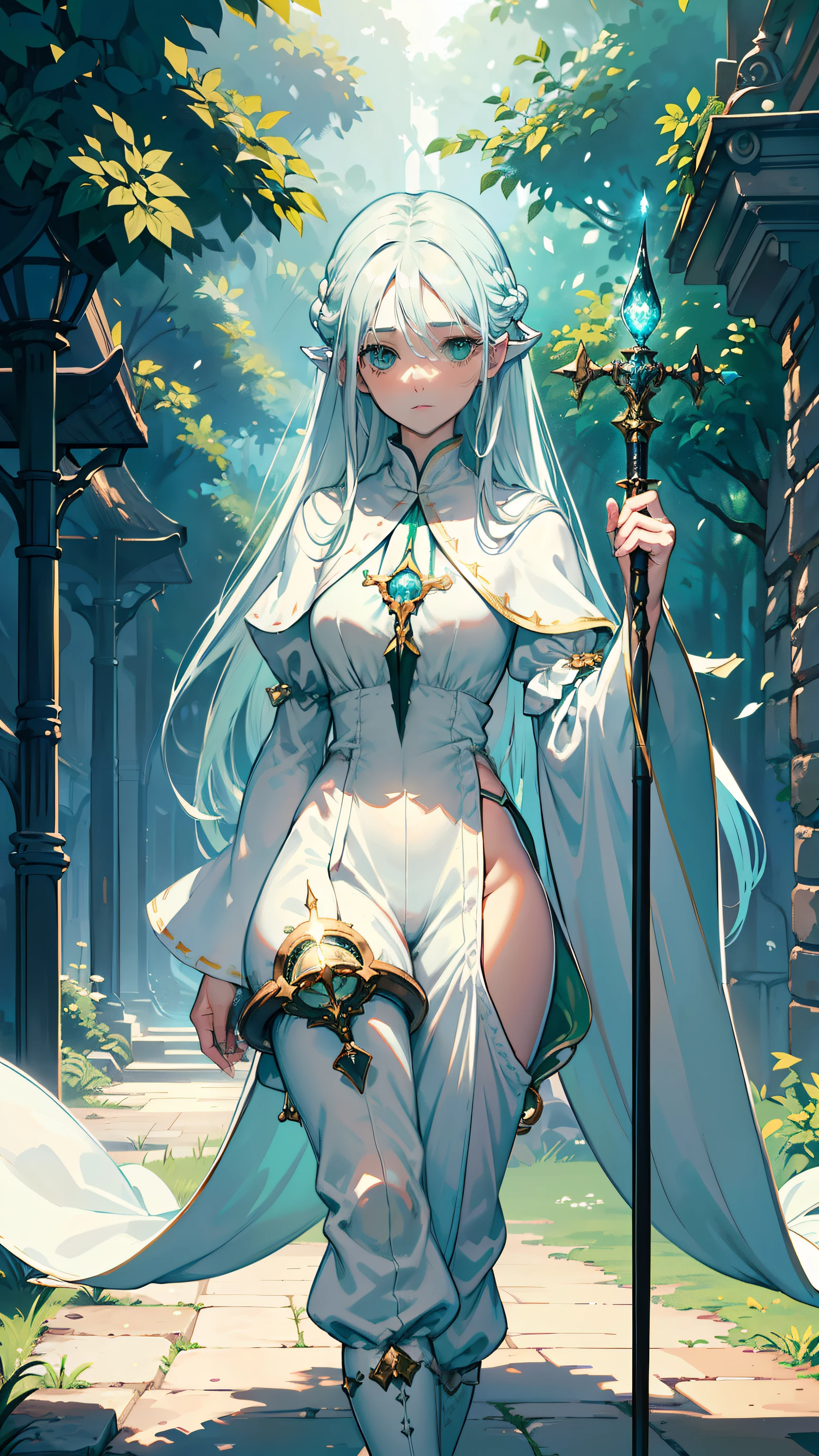 masterpiece, ultra detailed, 8k portrait, RAW photo, portrait photography, Highly detailed face, beautiful and meticulous eyes, ((Fantasy)), Young beautiful, (((Female priest))), (((((spread legs standing))))), (light blue long thin hair)), Gentle face, (((((thin eyes))))), White skin, (((green and white silk puffy sleeve priest robes))) Fluttering in the wind, (((wide pants))), (((pantyhose))), Leather boots, ((((equip a magic wand)))), Midday Sun, Hyper realistic, Body model, Small breasts, Beautiful breasts, Long legs, in the medieval adventurer's guild, Ambient lighting, Shadow details, Camera focus on face, strong breeze, Light fog