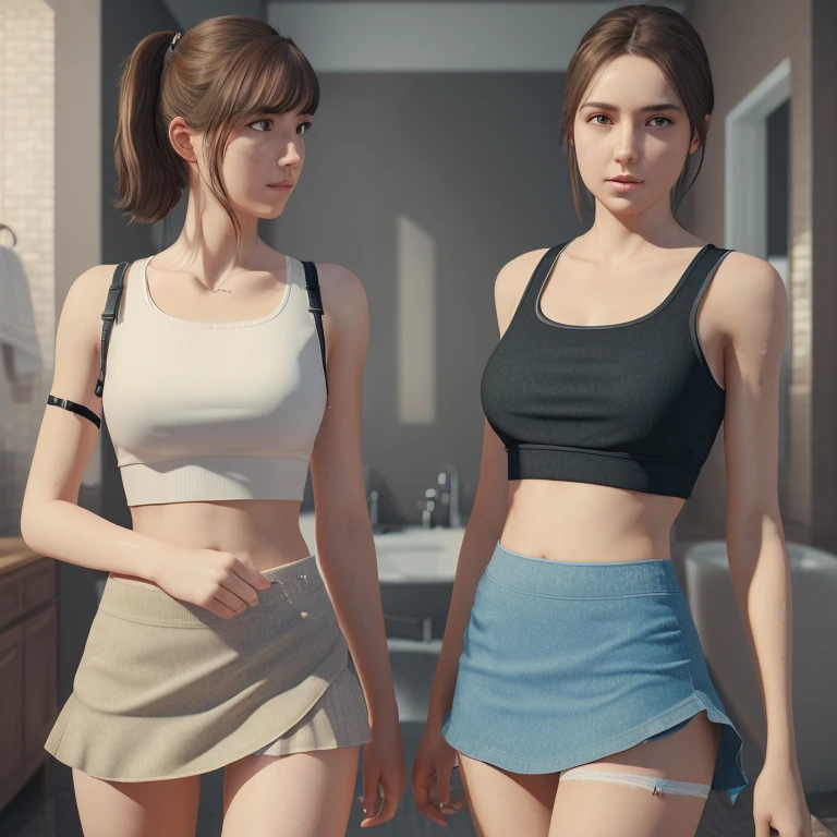 (8k, top quality, masterpiece: 1.2), (realistic, photorealistic: 1.37), super detail, two girl, bathroom, croptop, very short skirt, panty showing