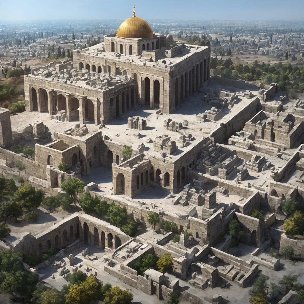 A cinematic angle of Solomon’s temple in Jerusalem, ultra detailed, highest resolution, 8k hyper realistic, detailed stone work, perfect craftsmanship, megalithic stone foundations