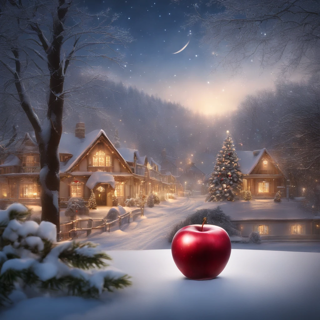 Behold a breathtaking digital masterpiece featuring a translucent red crystal apple, inside, a 20-year-old girl in a transparent white micro bikini, long flowing blonde hair, black 15-inch heel sandals with diamond-covered straps , Nestled in its depths is a star-studded sky enveloping a picturesque rural town, covered in the soft embrace of Christmas snowflakes. The apple, with its shiny and immaculate surface, acts as a mesmerizing sphere, revealing the captivating scene within. The stars dance in the velvety sky, while the delicate descent of snow lends an air of serenity and wonder.
The cozy town, adorned with gleaming houses and festive decorations, exudes a comforting and joyful ambiance. The soft glow emanating from the apple enhances the minutiae of the landscape, casting an ethereal glow that mirrors the charm of Christmas. Each meticulously crafted snowflake adds a sense of movement, bringing this picturesque scene to life.
This composition is a visual ode to Christmas – a fusion of the splendor of nature, crystalline magic and the joyful spirit of the countryside. Captured through a 3D digital lens, it embodies the elegance of Art Deco and the visionary allure of artistic interpretation."