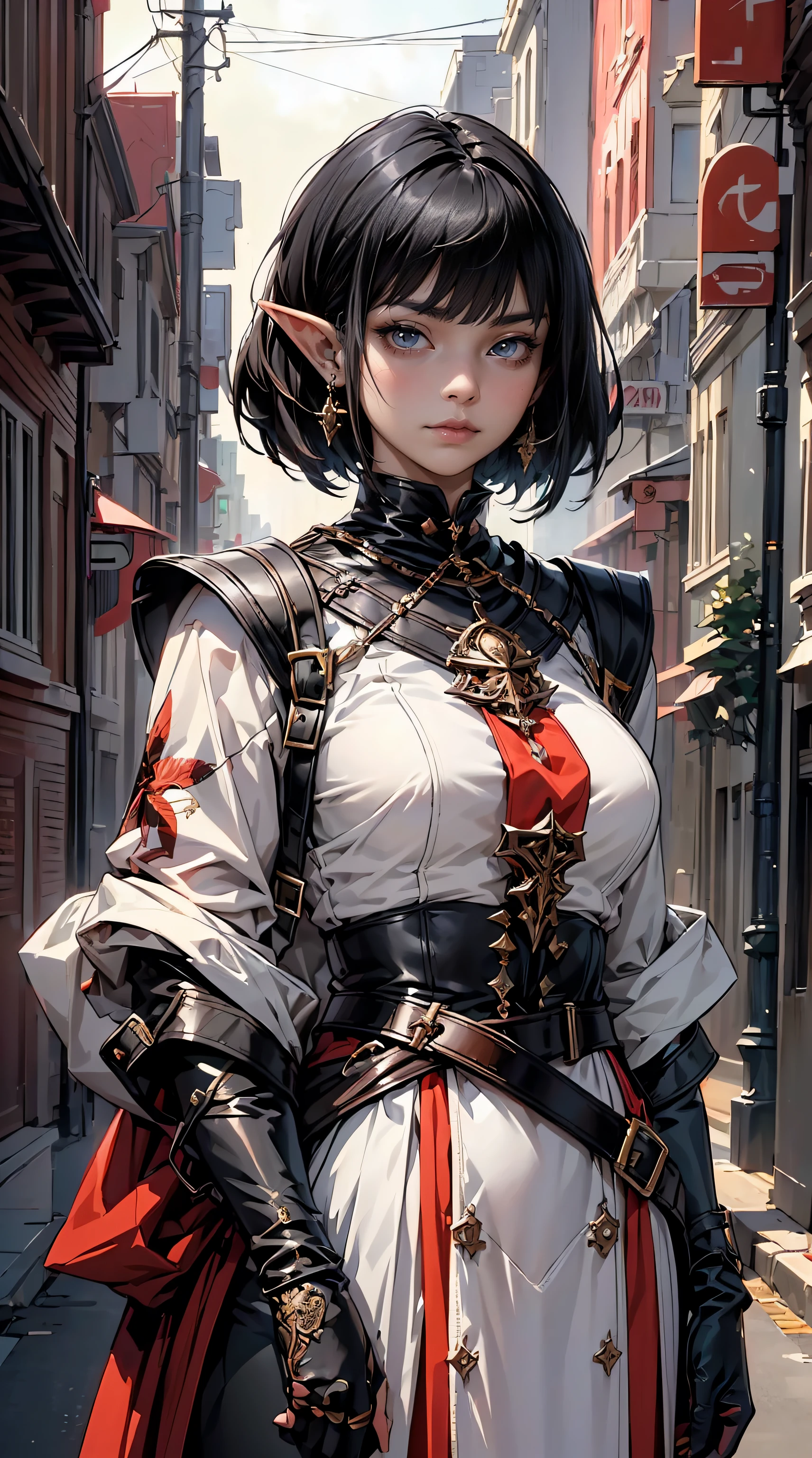 (Anime aesthetics,8K wallpaper,Masterpiece,High quality,Digital art,Beautiful and aesthetic,detailed,detailed portrait).(1 girl,mature elf ,tall girl,Perfect proportions,HIME haircut,beautiful and aesthetic face, High quality, hair of two colors black and blood-red, masterpiece, beautiful detailed eyes ,).Fantastic cuirass (lots of detail, large clear pattern, hanging fabric from the elbows, lots of straps and buckles lycoris flower among clothes,). Extremely detailed CG unity 8k wallpaper, perfect character posing, character environment in the style of works with ARTSTATION