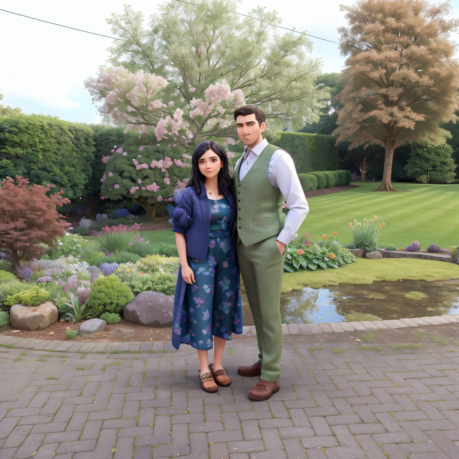 there are two people standing in a garden posing for a picture, photo taken in 2018, photo taken in 2 0 2 0, beautiful surroundings, very very low quality picture, delightful surroundings, profile image, with a tree in the background, full body photogenic shot, by Julian Hatton,  💕 🎀, having a great time, lovely couple black hair brown shoes green waistcoat and trouser girl wearing brown wedge heel