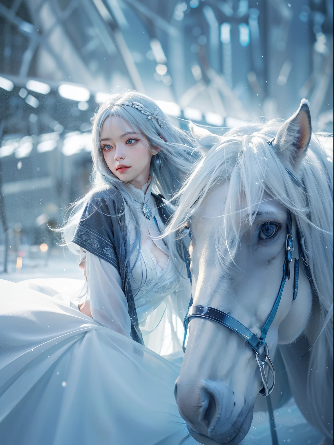 beautiful, young woman, in the crystal and ice area, fluttering snow, horse riding, a white hourse, gradient hair, white hair, blue hair, long hair, eye reflection, disdain, ray tracing, reflection light, blurry, glowing light, depth of field, chiaroscuro, stereogram, zoom layer, cowboy shot, f/2.8, bokeh, masterpiece, best quality, high quality, HD