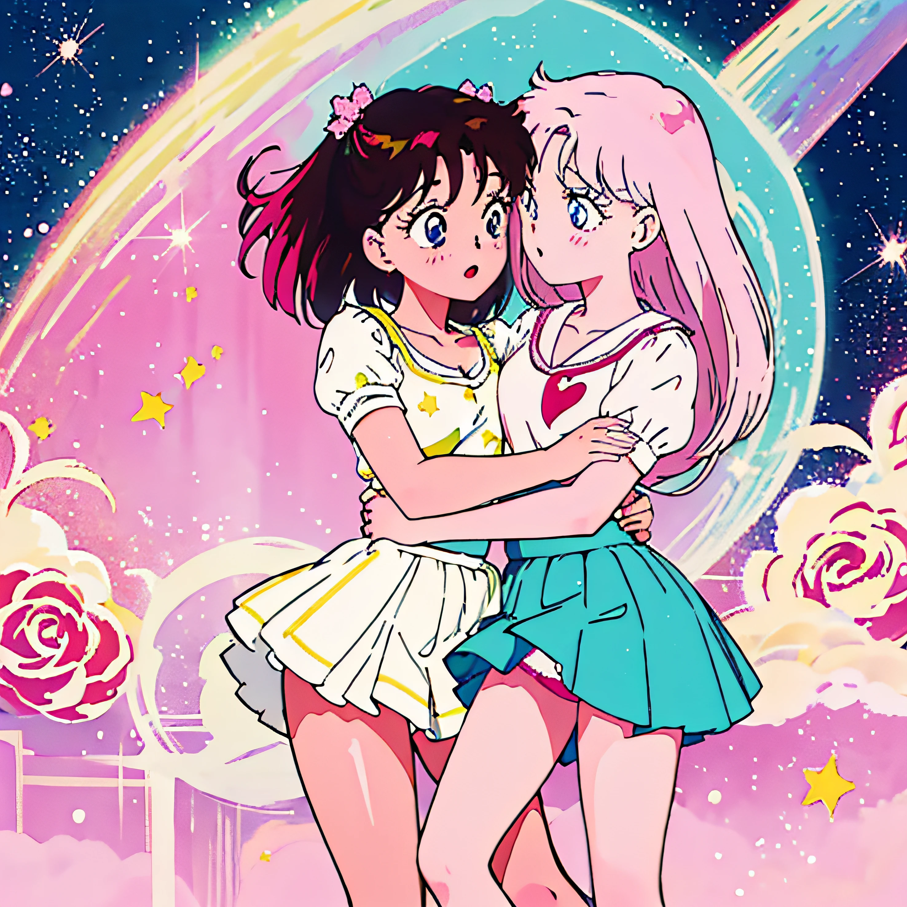 shoujo ai of two loli girls hugging each other, lying with their legs intertwined and kissing tenderly in a field of roses with a night background full of stars and hearts and a big rainbow, one of the girls has only her school skirt and is rubbing her breasts and bare breasts with the other girl and her hair is straight and long blonde with blue eyes and holding onto her waist and hugging her is the other girl with pink hair only with pink panties and transparent pink bra, the starry background the two loli girls They are blushing with their eyes open while they kiss, mixing saliva, joining their lips.