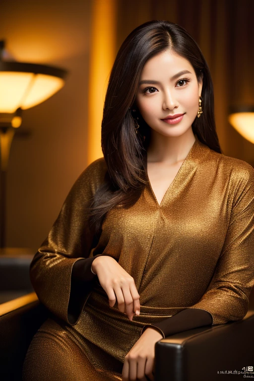 (best quality,highres,ultra-detailed,realistic:1.2,studio lighting),portrait,Elegant and beautiful Asian woman with glossy brown and black hair dancing gracefully in the wind. She radiates confidence with her sophisticated style and captivating expression. In the background, please depict a simple and warm ambiance of a corporate lounge.