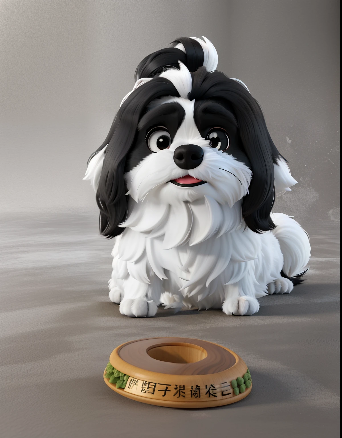 A black and white shih tzu dog , com a lingua pra fora , cabelo amarrado , deitado no terreiro de frente para um sanduiche