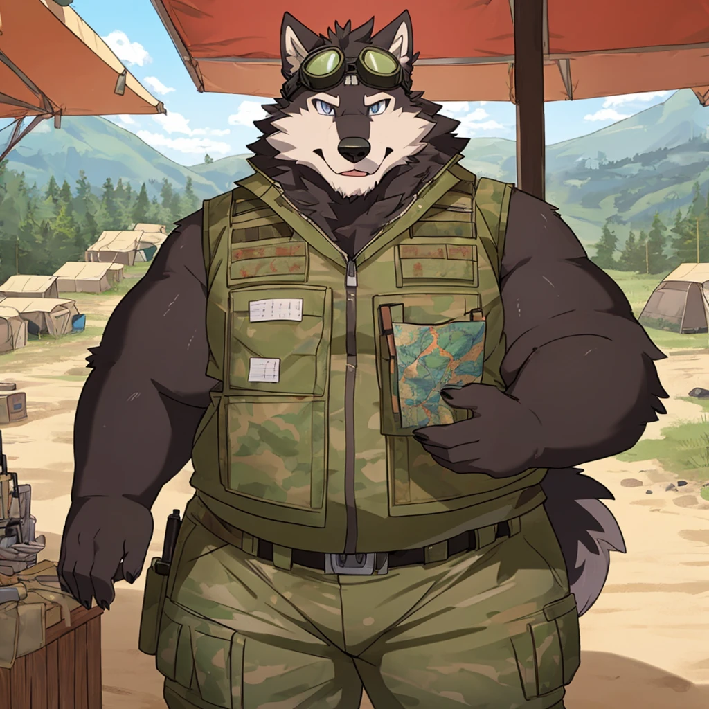 solo, wolf, anthro, male, pink fur, grey eyes, obese, wearing military vest, wearing goggles, holding map, looking at viewer, outside, standing in military camp