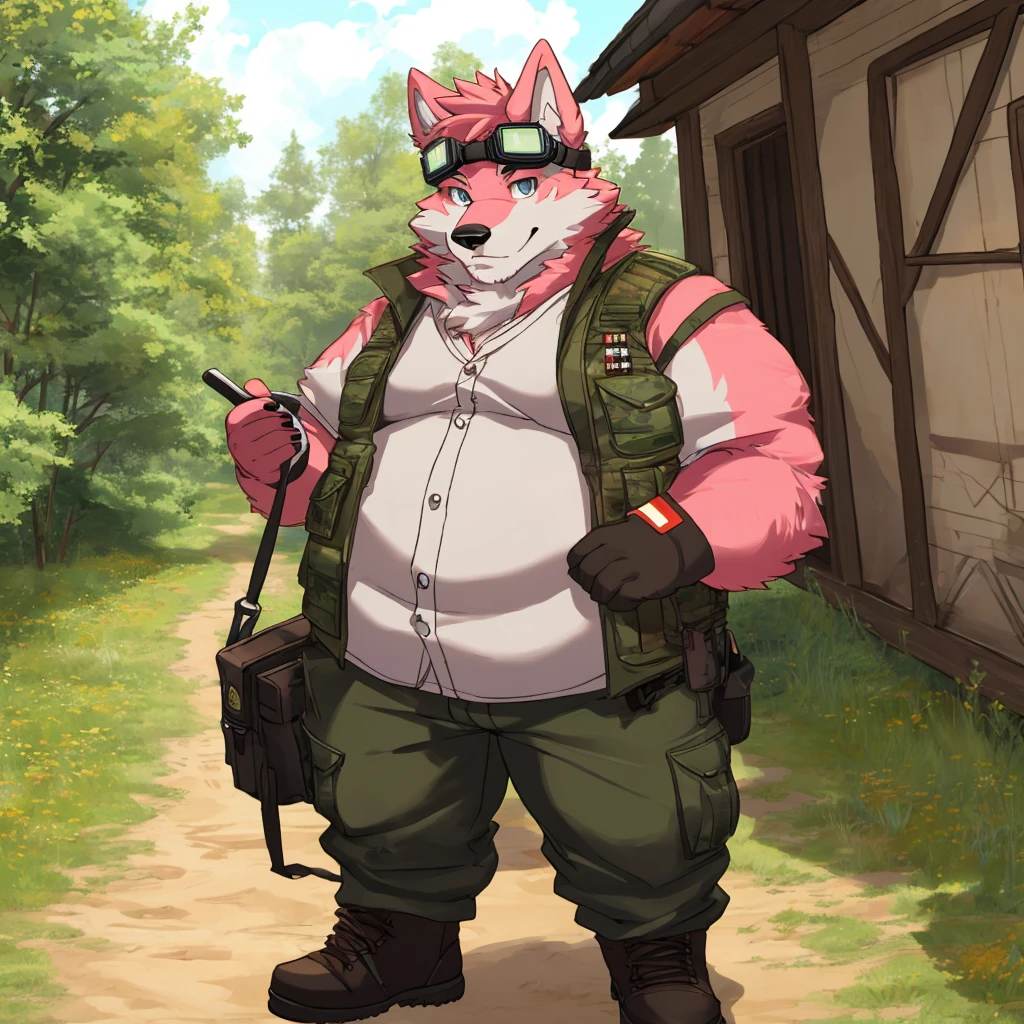 solo, wolf, anthro, male, pink fur, grey eyes, obese, wearing military vest, wearing goggles, holding map, looking at viewer, outside, standing in military camp