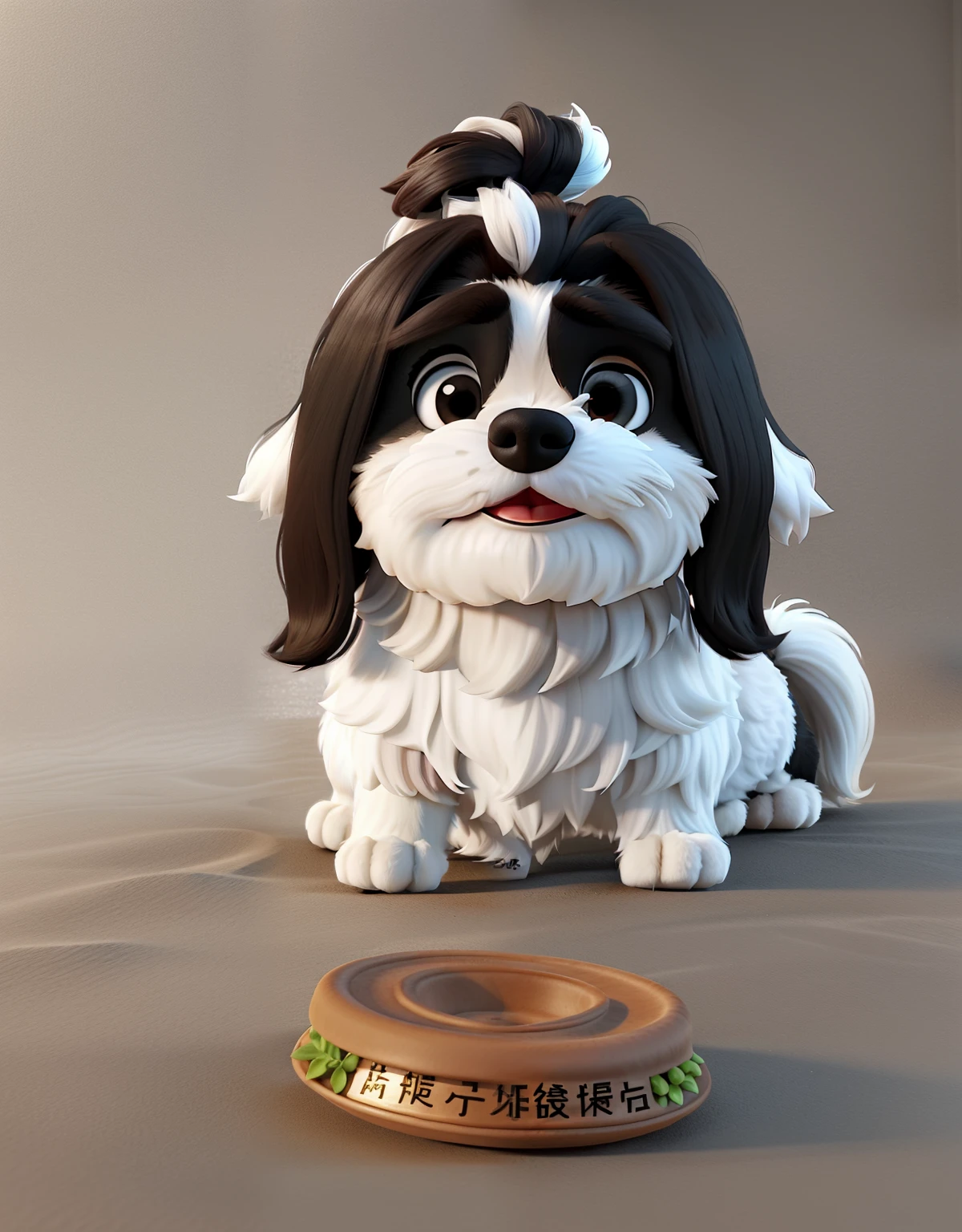 A shih tzu dog, branco e preto , com a lingua pra fora, hair tied on head, deitado no chao olhando um sand uiche de carne