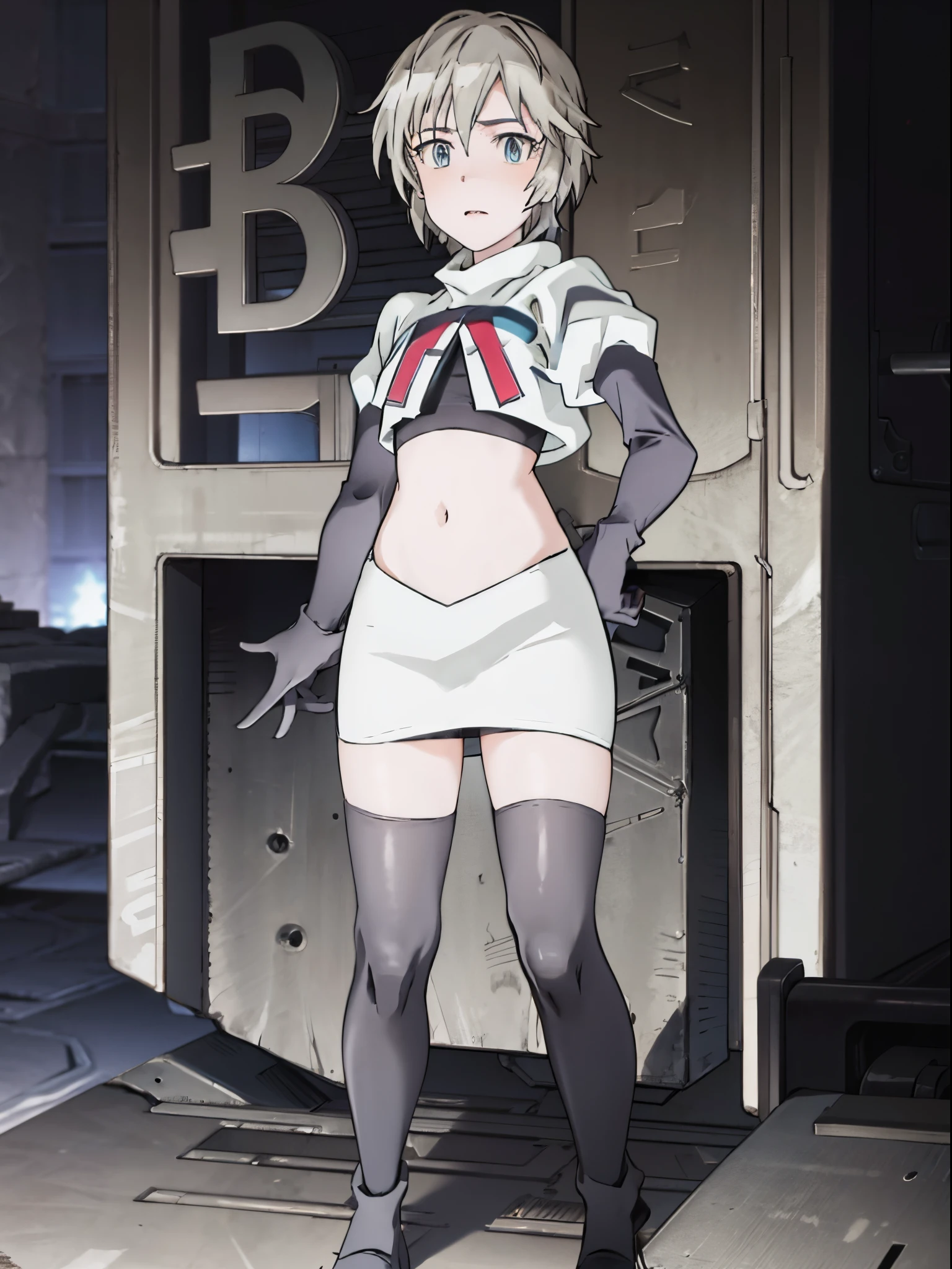 anastasia, team rocket,team rocket uniform, red letter R, white skirt,white crop top,black thigh-highs,black elbow gloves