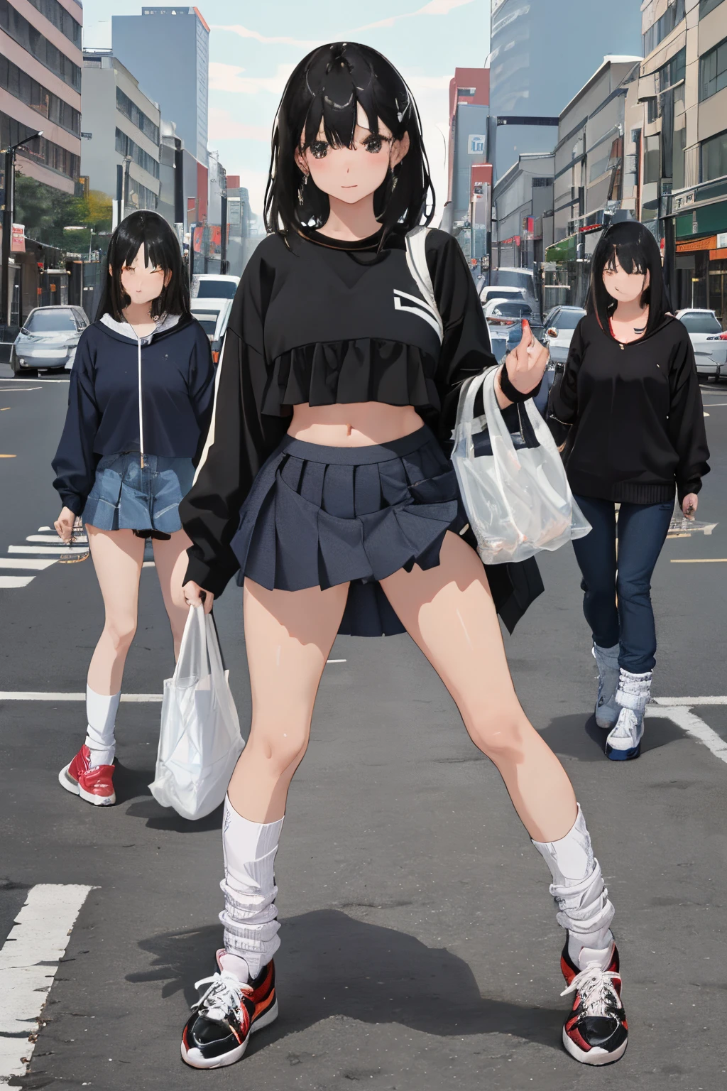 1人の女性(Women in Their 20s)，（​masterpiece，Highest Quality），Black blouse，Crop Top Look，tight skirts，Bag，Loose socks、Black platform sneakers、A dark-haired，Walking at a pedestrian crossing