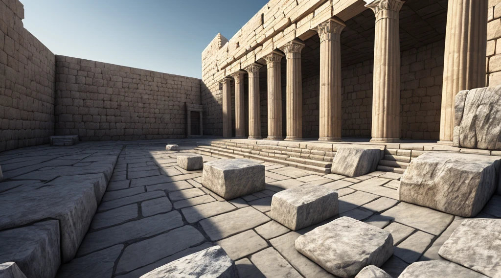 A cinematic angle of Solomon’s temple in Jerusalemduring the year of 958 b.c., ultra detailed, highest resolution, 8k hyper realistic, detailed stone work, perfect craftsmanship, megalithic stone foundations, perfect granite carved megalithic stone structures,