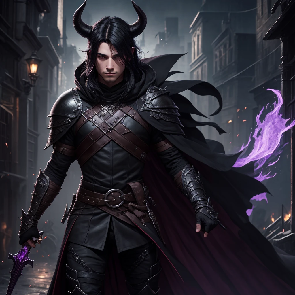 Young Adult Male Rouge, purple skin, long black hair, black eyes, black leather armor, black cloak, black pants, dungeons and dragons, Tiefling, Horns on head, scars on body, fantasy’s city, masterpiece, highest quality, ultra detail, illustration, depth of field, dynamic angle, 8k wallpaper, portrait, best light and shadow quality, 4k, 8k, cg, fine detail, full body,