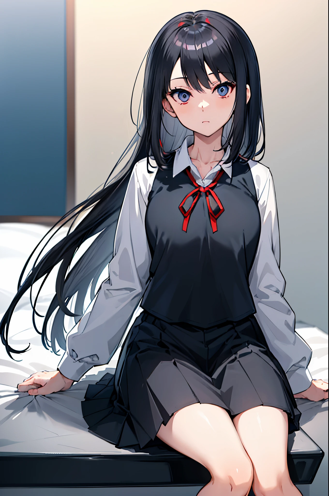 (masterpiece), (best quality), highres, ((((1girl she has gray hair with blue eyes and 1boy he has short black hair with red eyes who are classmates))))), ((((They have different hair colors and eyes do not confuse)))), (draws Kei and kiyotaka ayanokoji looking at each other), (2schoolmates who are Kei and kiyotaka ayanokoji looking at each other),  (kei1), (1girl), solo, ((((she has blue eyes)))), (she has long hair), (she wears a school uniform), (she has ribbon), (she has bangs), collarbone, she has gray hair, she has black hair band, she has neck ribbon, hair between her eyes, she has medium breasts, cowboy shot, she is looking seriously at kiyotaka ayanokoji,  anatomically correct whole body, is inside a school room, is sitting on a bed with her legs together, full detached scenary, (1boy), (kiyotaka ayanokoji), 15-year-old teenager, school uniform white shirt black jacket open jacket red tie long black pants sitting, ((((he has red eyes)))), ((he has short black hair)), anatomically correct whole body,  he has a jesus necklace around his neck, normal legs, wears black shoes, (he's looking at Kei1 or the girl), he's sitting in a chair, he's facing Kei, (full detail escenario), (mystery), (terror), (suspense), (they're hugged)