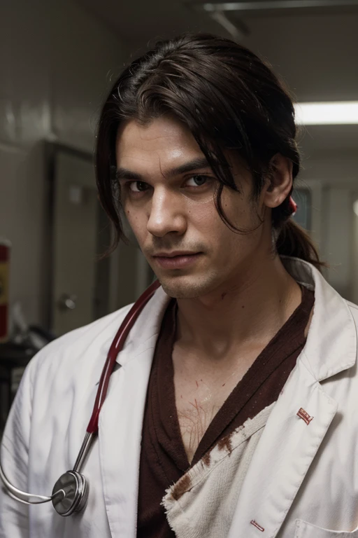 "Draw a young man, a doctor, with bloodstains on his white coat, the bloodstains on his coat are very important, a stethoscope, a flesh-colored scar on his right cheek, he is a doctor, with a killer's gaze, cold look, short ponytail-style hair, behind him you can see houses like favelas crossed by a red river of blood, the doctor has an ironic smile, black hair and eyes, head slightly inclined forward, his gaze is that of a killer, cold, his eyes reflect a lack of empathy, he is a serial killer. Remember he is facing you, looking at you with those ugly eyes, the doctor's white coat is dirty and stained with blood."
