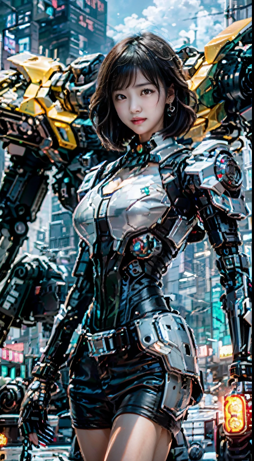 ((Best quality)), ((masterpiece)), (highly detailed:1.3), 3D, Shitu-mecha:1.2, beautiful cyberpunk women with her mecha in the ruins of city from a forgoten war, ancient technology,HDR (High Dynamic Range),Ray Tracing,NVIDIA RTX,Super-Resolution,Unreal 5,Subsurface scattering,PBR Texturing,Post-processing,Anisotropic Filtering,Depth-of-field,Maximum clarity and sharpness,Multi-layered textures,Albedo and Specular maps,Surface shading,Accurate simulation of light-material interaction,Perfect proportions,Octane Render,Two-tone lighting,Low ISO,White balance,Rule of thirds,Wide aperature, 8K RAW,Efficient Sub-Pixel, sub-pixel convolution, luminescent particles, light scattering,Tyndall effect, (Japanese high school girl, surreal girl, idle face, 16 years old, affectionate cute, slim waist and large breasts style, short height, younger sister girl, round face, eyebrows downward, short bob cut, black hair, bangs, one earring, lively eyes, light blush, Look at viewers, Haruka Hukuhara:1.2), Look at viewer, smile