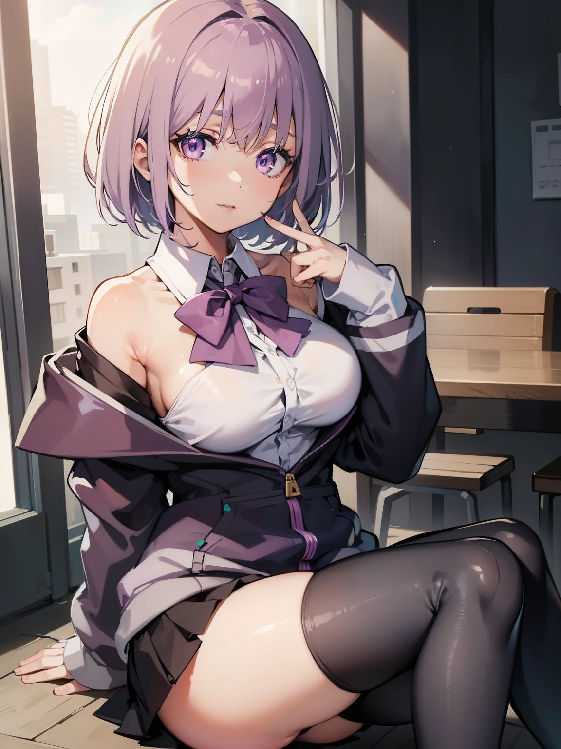 (8K、top-quality、​masterpiece:1.2)、(realisitic、Photorealsitic:1.4)、vibrant detail、looking in camera、looking down to viewer、Open legs、akaneshinjou, shinjou akane, light purple hair, (pink eyes:1.2), short hair,
BREAK black pantyhose, bow, collared shirt, hood, hooded jacket, jacket, open clothes, open jacket, open shirt, pantyhose, purple bow, purple jacket, school uniform, shirt, sleeves past wrists, unbuttoned shirt, white shirt,,
BREAK indoors, city,
BREAK looking at viewer, BREAK (masterpiece:1.2), best quality, high resolution, unity 8k wallpaper, (illustration:0.8), (beautiful detailed eyes:1.6), extremely detailed face, perfect lighting, extremely detailed CG, (perfect hands, perfect anatomy),