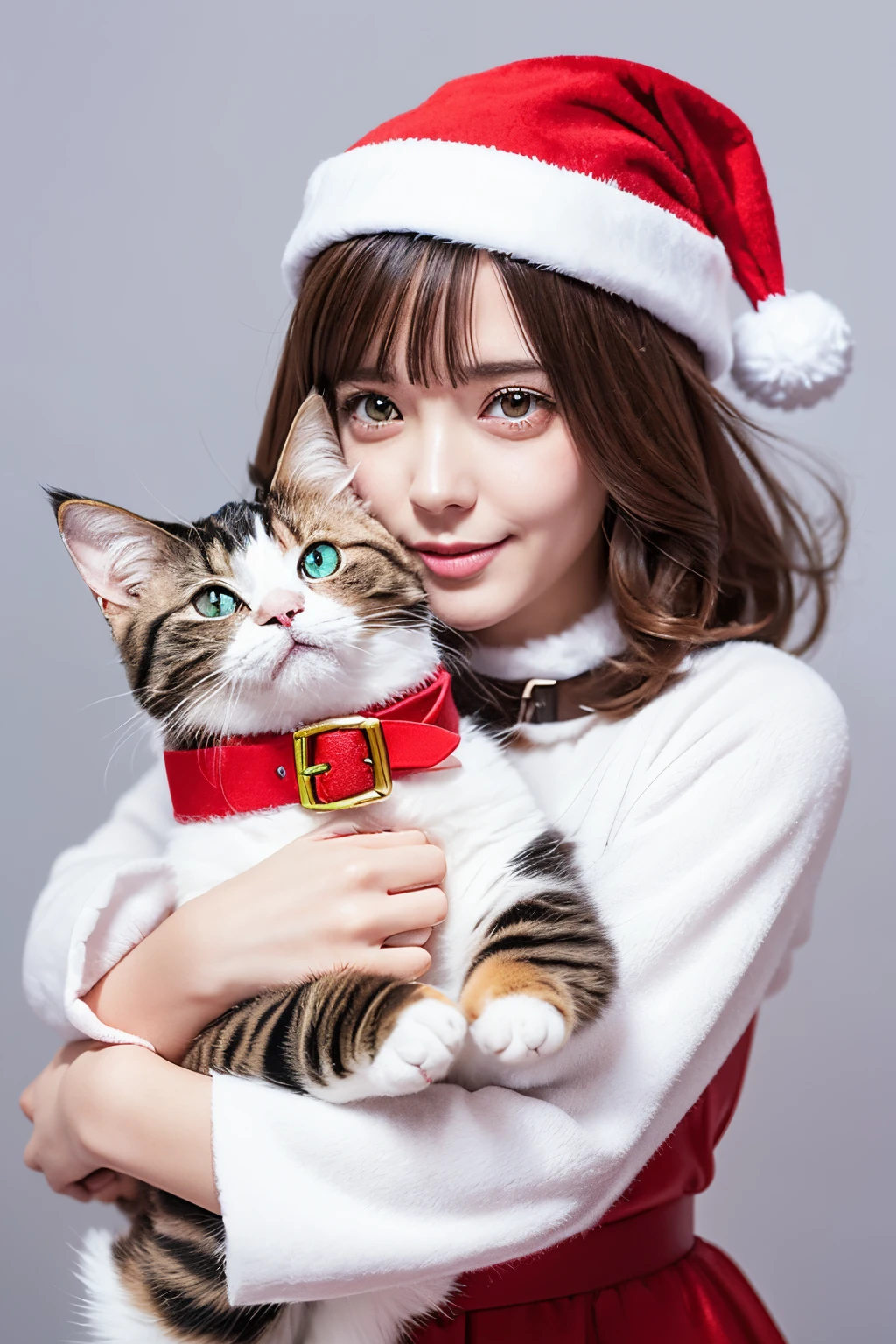 3D vector art、Calico cat、cat is wearing a christmas hat、cat has a bell'Collar、 cute christmas present, the cat is fluffy、Ultra-realistic high quality, Cute and quirky, Fantasy Art, Watercolor effect、girl hugging a cat