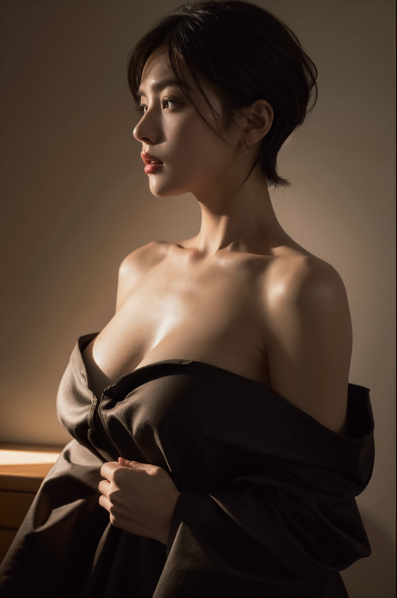 Best quality, masterpiece, ultra high res, (photorealistic:1.5), raw photo, 1girl, offshoulder, in the dark, deep shadow, low key, cold light, sexy look, short hair