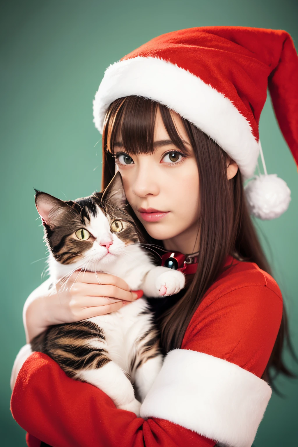 3D vector art、calico cat、Cat wearing santa hat、The cat has a bell'collars、 cute christmas gift, cat furry、Super realistic high quality, Cute and quirky, Fantasyart, Watercolor effect、girl hugging a cat