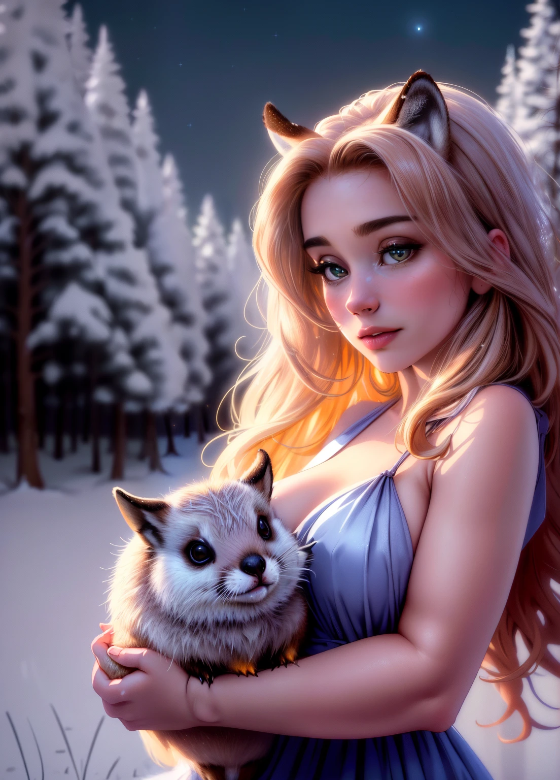 (best quality,4k,8k,highres,masterpiece:1.2),ultra-detailed,(realistic,photorealistic,photo-realistic:1.37),Enchanted forest, little girl illuminated by the soft moonlight,playful foxes,graceful fawns,adorable cubs,wise owls,cute bunnies,prickly hedgehogs gather under the celestial beauty,portraits,landscape,photography,vivid colors,warm tones,soft lighting,peaceful ambiance