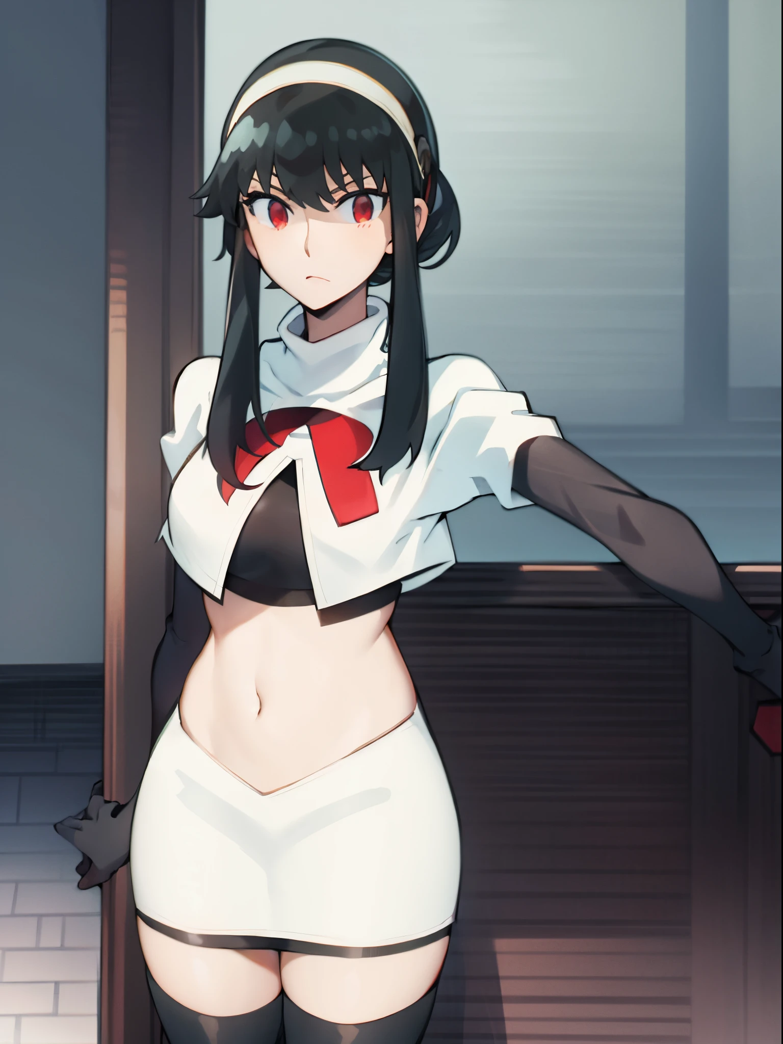 ((masterpiece, best quality)), (1girl), (solo), (female focus), female goth army officer, black leather german uniform, wearing army leather hat, strong makeup, large breasts, tall woman, black eyes, constricted pupils, empty eyes, sadistic expression, Yandere, black hair, dynamic angle, ultra detailed, 8k resolution, depth of field, sharp focus, SFV, deep shadows, red background, dark, detailed hands, menacing look, looking down, menacing position, standing tall and looking down