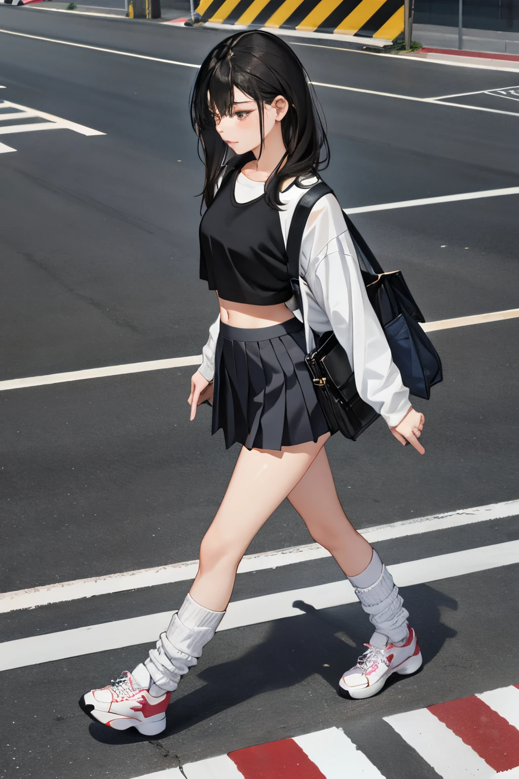 1人の女性(Women in Their 20s)，（​masterpiece，Highest Quality），Black blouse，Crop Top Look，tight skirts，Bag，Loose socks、Black platform sneakers、A dark-haired，Walking at a pedestrian crossing