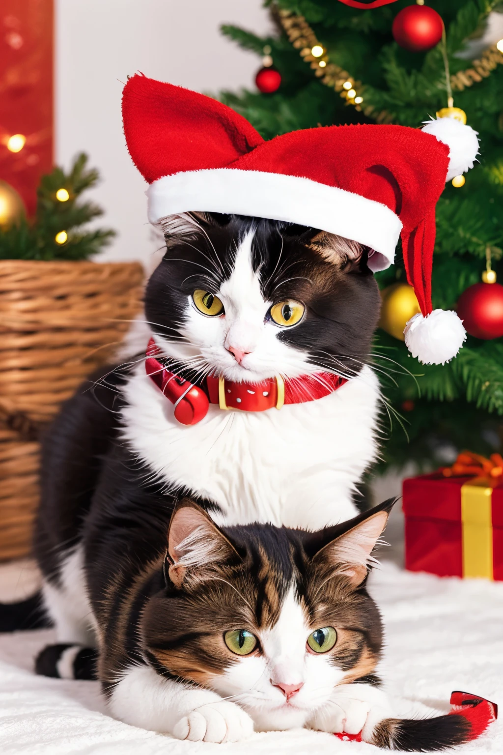 3D vector art、Calico cat、cat is wearing a christmas hat、cat has a bell&#39;Collar、 cute christmas present, the cat is fluffy、Ultra-realistic high quality,  Cute and quirky, Fantasy Art, Watercolor effect、girl hugging a cat