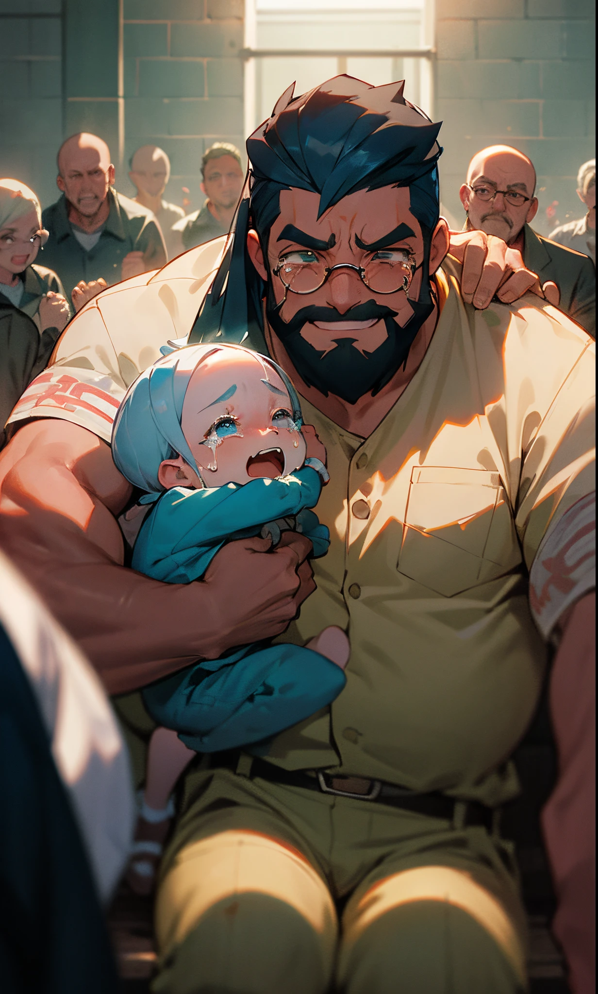 Crie uma imagem no estilo DISNEY PIXAR com um homem gordo de cabelo azul, barba cor de rosa, sorrindo, white skin and glasses, holding a crying child on your lap, behind him are several angry prisoners running after him, nada feliz. And he's wearing a prison outfit.