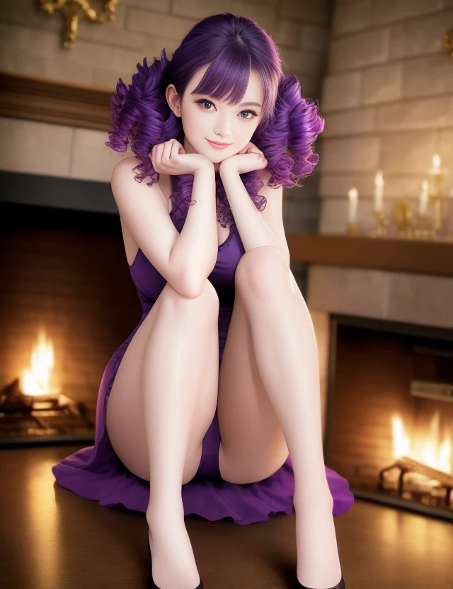 Sexy, , Naked, chubby, pale skin, Caucasian, sensual, hard nipples, dim light, big detailed eyes, Full body shot, on hands and knees, realistic digital painting, (curly hair:1.1), (purple hair:1.3), castle setting, (fireplace background:1.2), (very detailed skin:1.2), (arcane style:0.8), (depth of field:1.3), volumetric lighting, global illumination, cinematic, arched back, smiling