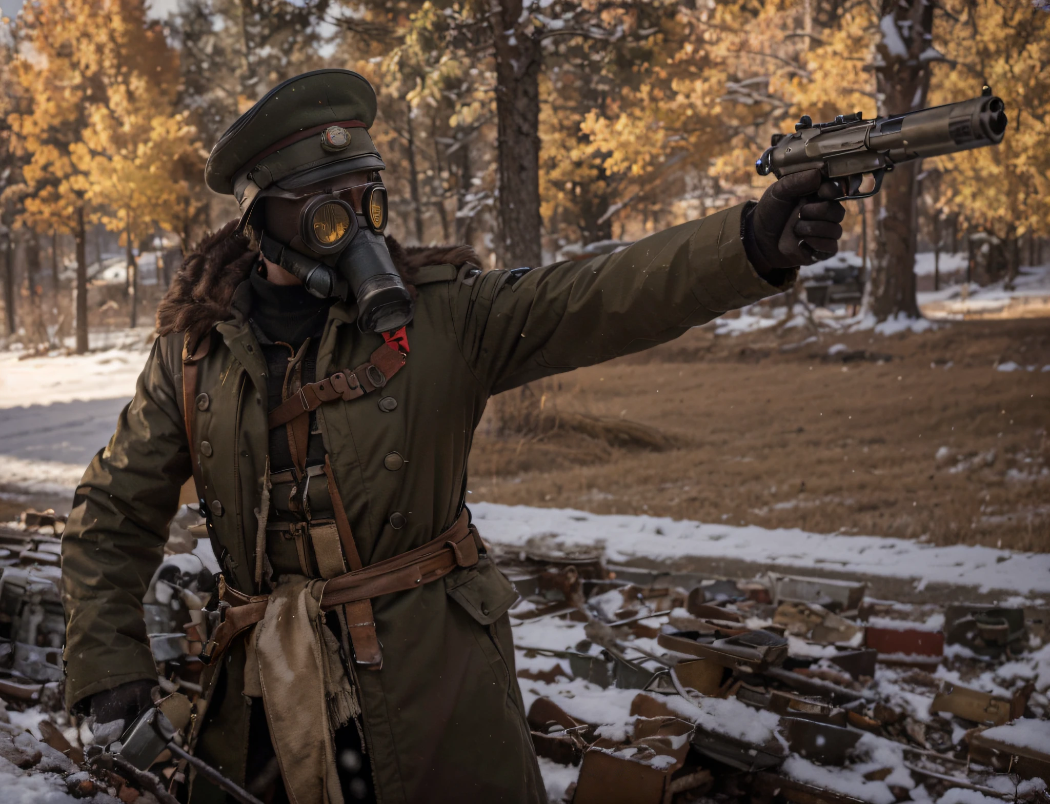 Male soldier, wears a Soviet style latex gas mask with rubber tubes, tubes, military hat, dark red Soviet winter uniform, belts with ammunition, carries a gun, snowy day, fire, destroyed tanks, smoke, debris, red sky, Light Low light, 4k, Ultra detailed image, realistic, Highly detailed, perfect composition, splendid, Intricately detailed, incredibly detailed, Art photography 8K, hyper detailed, Masterpiece, Ultra detailed, hyper realistic, 4k, Ultra detailed image, realistic, Highly detailed, perfect composition, gorgeous, Intricately detailed, incredibly detailed, 8K fine art photography, hyper detailed, Masterpiece