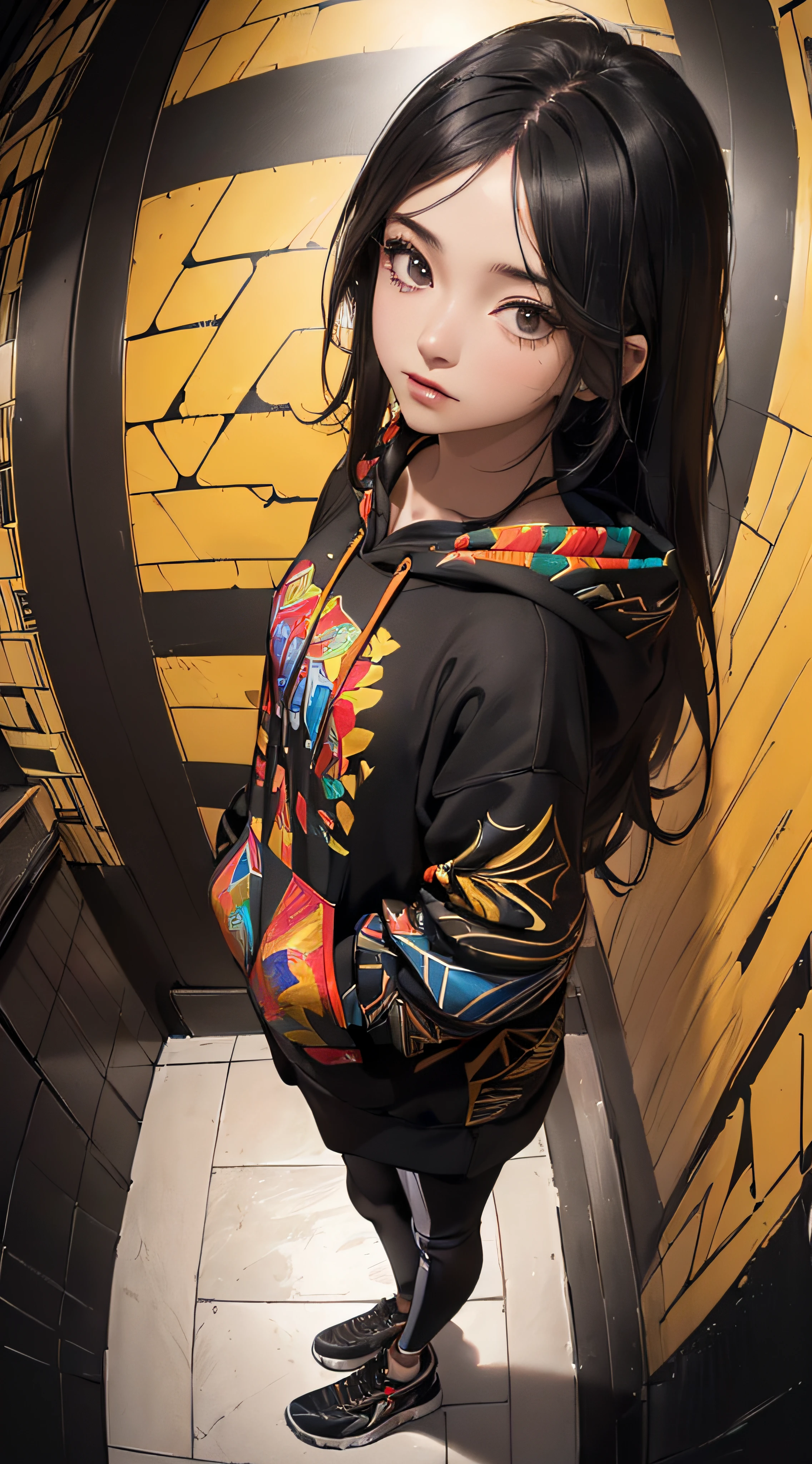 (((8k wallpaper of extremely detailed CG unit:1.2, ​masterpiece, hight resolution:1.2, top-quality:1.2, masutepiece))), ((a very beautiful woman, Hands in pockets:1.8, Grunge Fashion, Wearing a hoodie, Black Leggings, Wearing shoes)), ((extra detailed face, Very beautiful face, Highly detailed black eyes, extra detailed body, Top quality real texture skins)), (A dark-haired, length hair, de pele branca, Small), ((colorful geometric pattern wall, Colorful wall)), (high-angle, Fisheye:1.3), hyper realisitic, digitial painting,