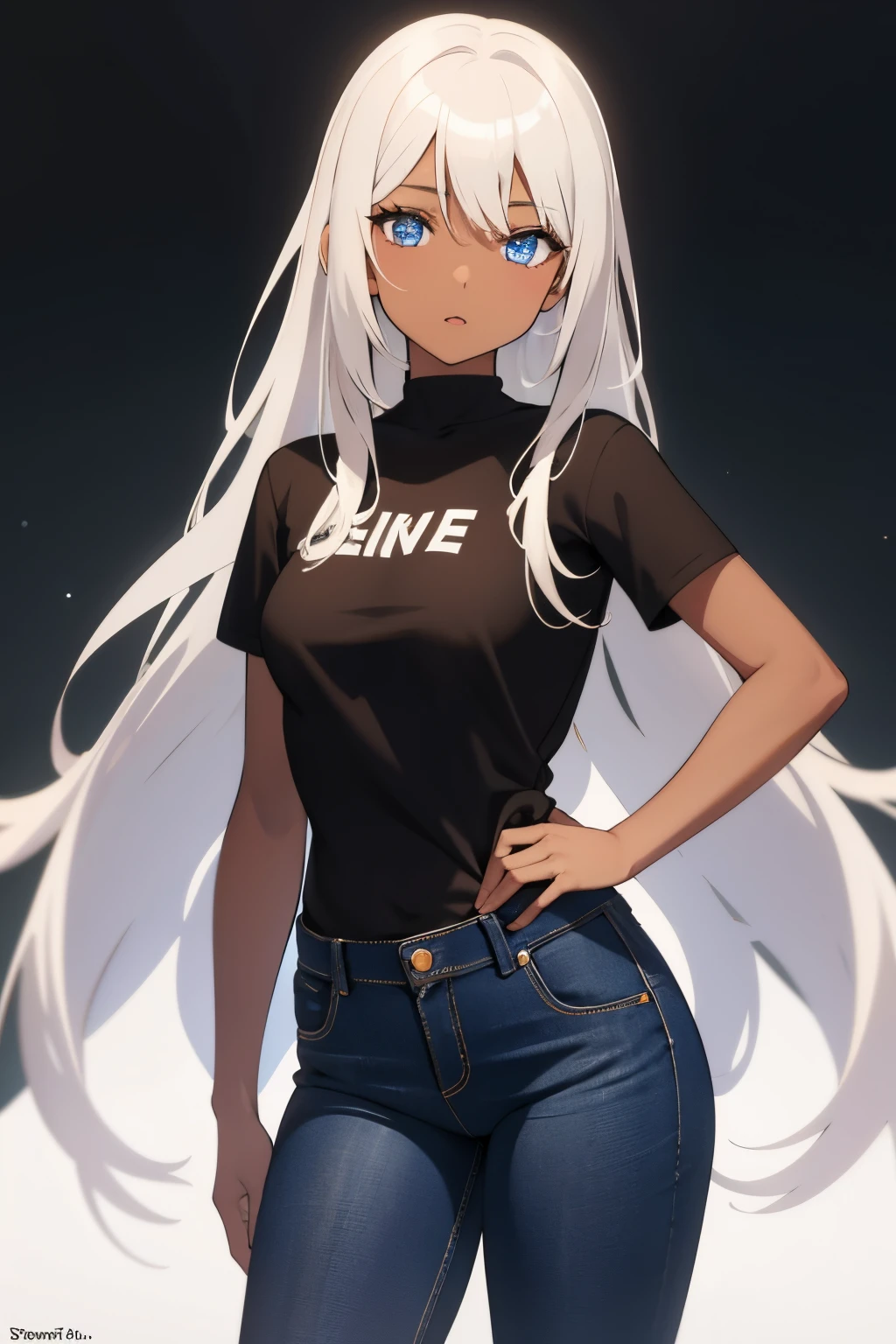 1 girl, solo, (masterpiece), (((brown skin))), blue eyes, long white hair, small breasts, Black shirt, jeans,