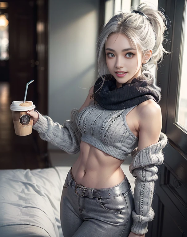Masterpiece, 8K, photorealistic, ultra realistic, (1girl, solo),
_ 
the most beautiful, European ig idol, 24 years old, 170 cm, (((large breasts:1.2))), (((slender waist, toned thighs, toned arms):1.3)), ((small head, small face:1.2)), diamond Face, small nose, (small mouth), Sharp Faceline, 
_ 
BREAK ((standing)), (drink coffee,have a warm coffee:1.4), dynamic angle, from above, look at viewer, Focus face, 
_ 
(black theme and White), Inorganic, Inorganic concrete studio with window, small window, gray concrete block, highly, blur, blur background, front lightning, Cinematic lighting,
_ 
BREAK ((big eyes, Double eyelid, tareme, droopy eyes):1.3), ((smile, small lips, teeth:1.3)), (mole under eye:1.2), (Perl White teeth), ((gray hair)), short hair, (ponytail), asymmetrical hair, Aqua eyes, light makeup, thin eyebrow, shiny skin, detailed skin, detailed face, perfect eyes, detailed eyes, shiny hair, 
_ 
BREAK ((Quilted Puffer Coat with Faux Fur Hood, A knee-length quilted puffer coat in a neutral color like olive or navy, Faux fur-lined hood for added warmth and style, Wear with a chunky knit scarf and knee-high boots for a winter-ready outfit)), (silver earring, silver bracelet, silver necklace:1.2), raw photo,