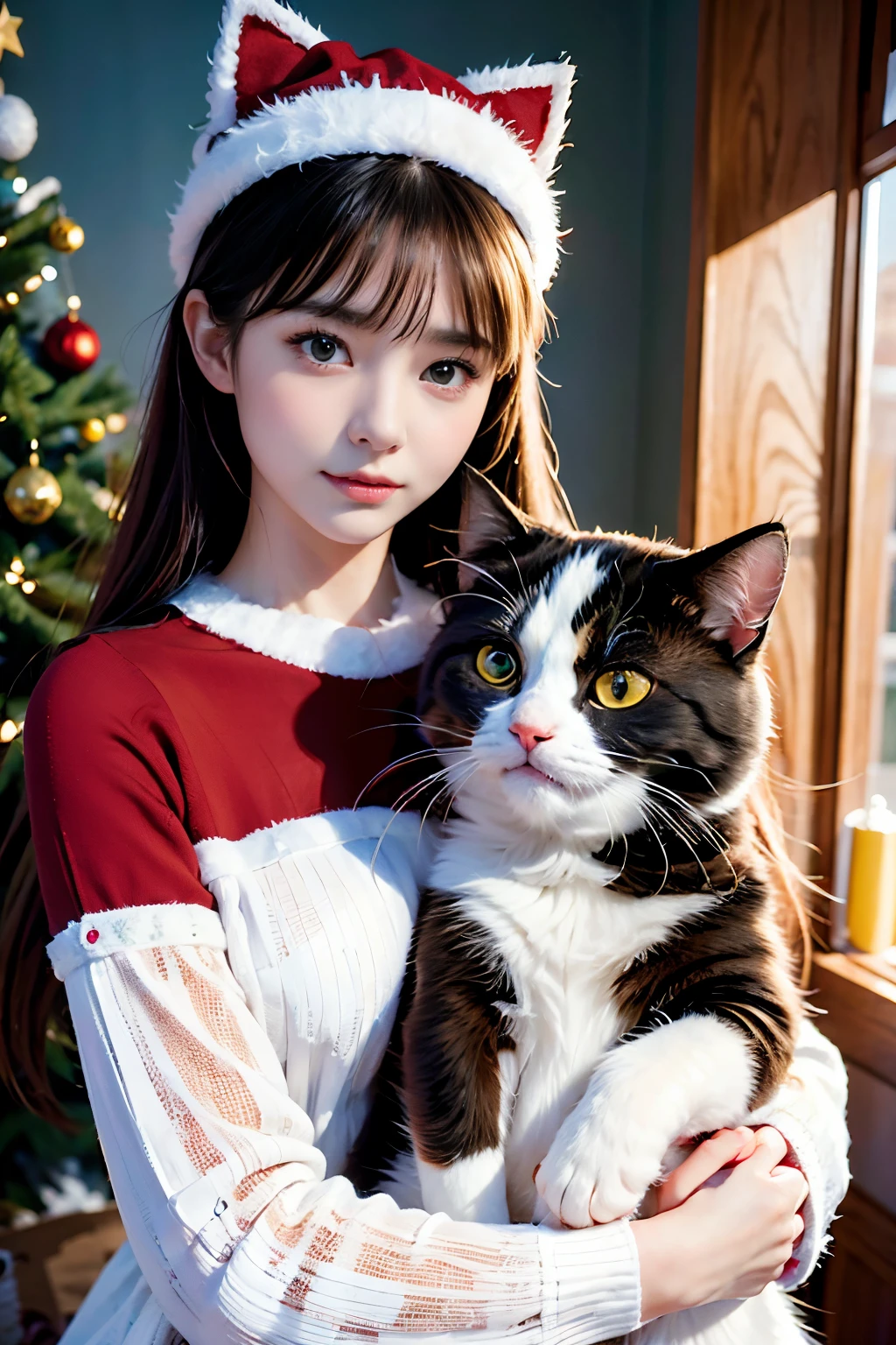 3D vector art、calico cat、Cat wearing santa hat、The cat has a bell'collars、 cute christmas gift, cat furry、Super realistic high quality, Cute and quirky, Fantasyart, Watercolor effect、girl hugging a cat