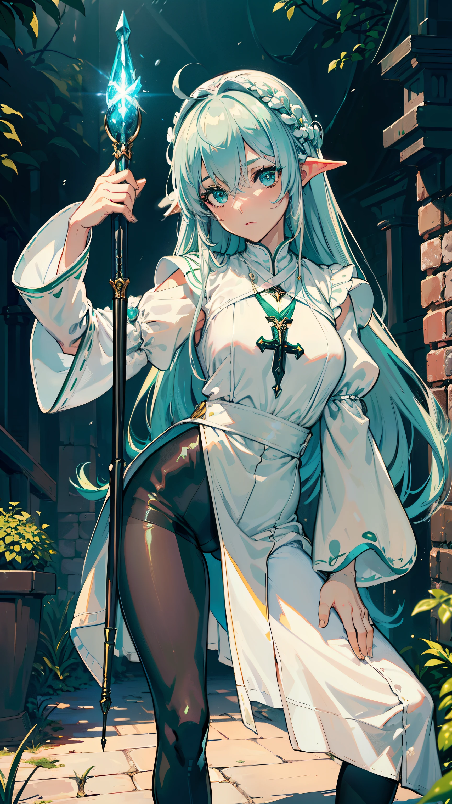 masterpiece, ultra detailed, 8k portrait, RAW photo, portrait photography, Highly detailed face, beautiful and meticulous eyes, ((Fantasy)), Young beautiful, (((Female priest))), (((((spread legs standing))))), (light blue long thin hair)), ahoge, hair over one eye, Gentle face, White skin, (((green and white puffy sleeve leather priest robes))) Fluttering in the wind, (((wide pants))), (((pantyhose))), Leather boots, ((((equip a magic wand)))), Midday Sun, Hyper realistic, Body model, Small breasts, Beautiful breasts, Long legs, in the medieval adventurer's guild, Ambient lighting, Shadow details, Camera focus on face, strong breeze, Light fog