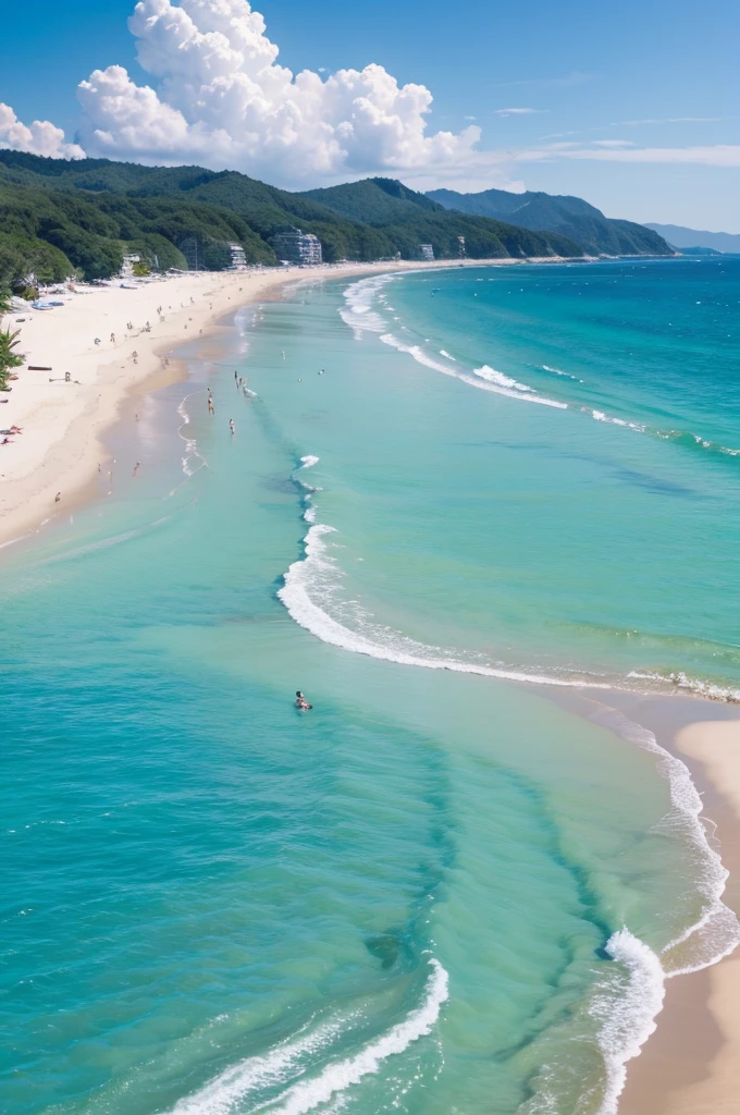 negative/positive reversal, best quality, beach , overflowing crowd of people, big crowd, sparkling sea, white sand beach, pastel color, vivid color, motion-blur, action-lines, speed-lines